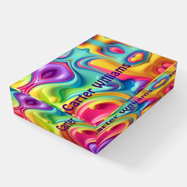 Fluid Plastic Neon Abstract With Name Paperweight (Angled)