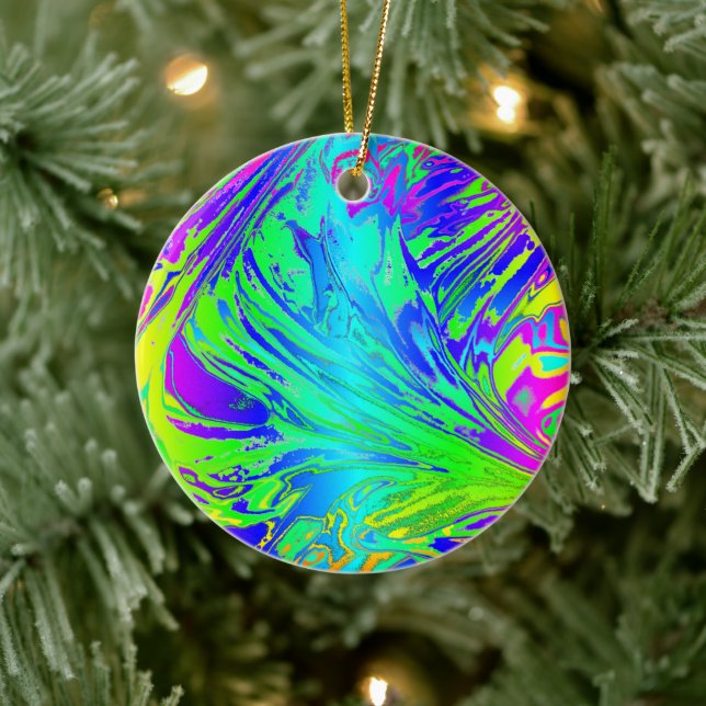 Fluid Rainbow Abstract Paint Splatters Ceramic Ornament (Tree)