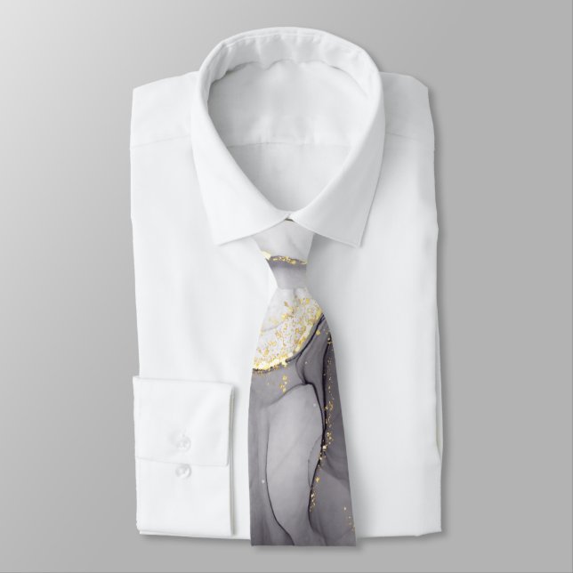 Fluid Swirl Marble Golden Black Neck Tie (Tied)
