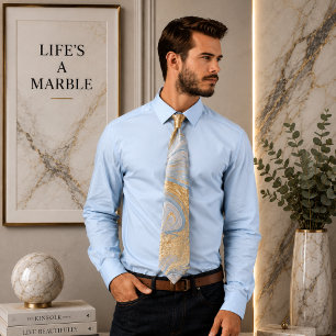 Fluid Swirl Marble Golden Blue Neck Tie