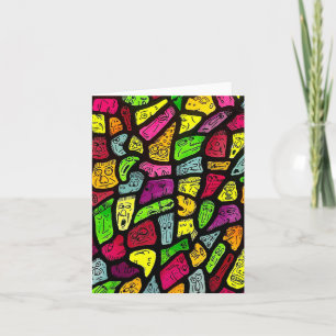 Fluorescent Cartoon Weird Faces Drawing Folded Note Card