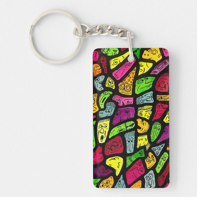 Fluorescent Cartoon Weird Faces Drawing Keychain (Front)