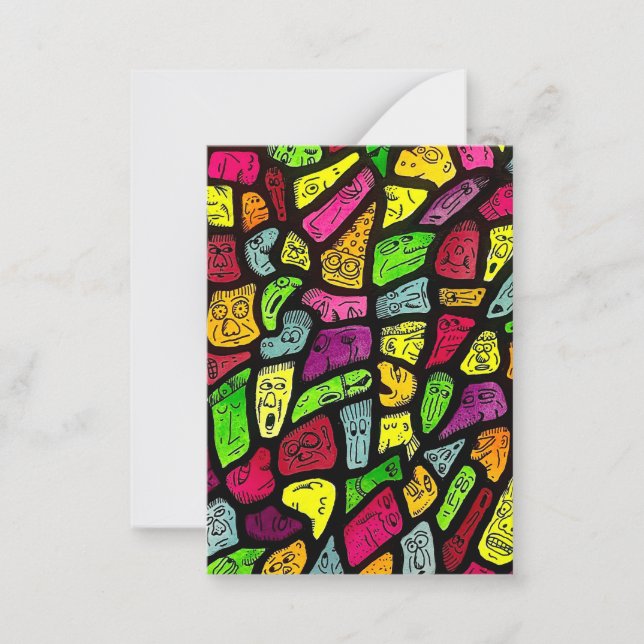 Fluorescent Cartoon Weird Faces Drawing Note Card (Front)