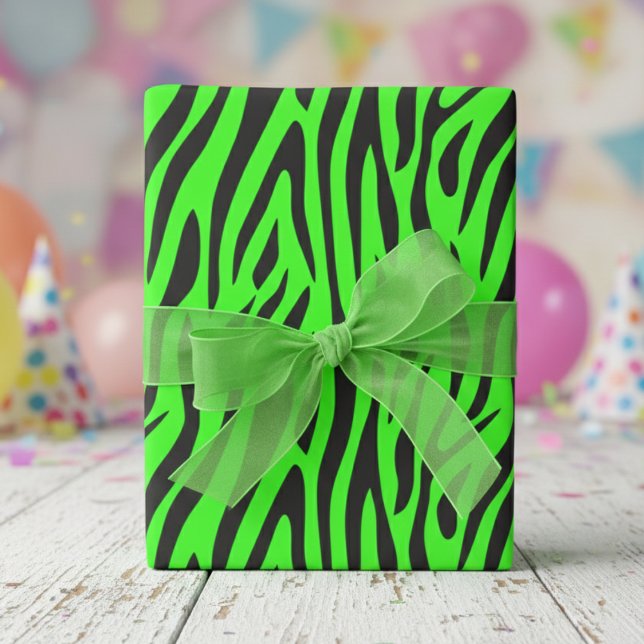 Fluorescent Green Small Zebra Print Wrapping Paper (Fun Fluorescent Green Wrapping Paper for Cool 80's Kids Party. Modern Zebra Animal Print Gift Wrap)