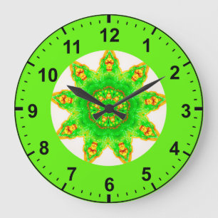 ~ Fluorescent Green Star Fractal ~ Large Clock