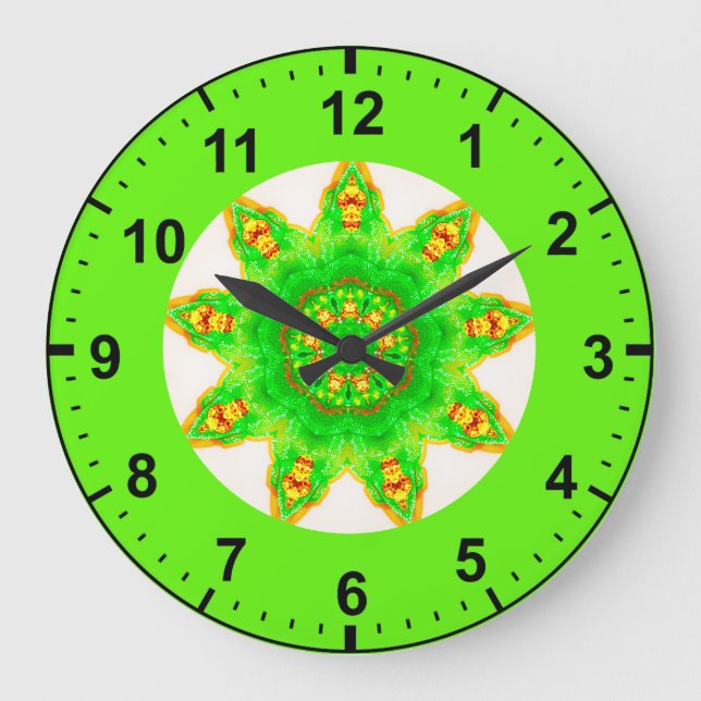 ~ Fluorescent Green Star Fractal ~ Large Clock (Front)
