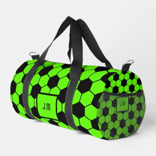 Fluorescent neon green soccer fan player initials  duffle bag