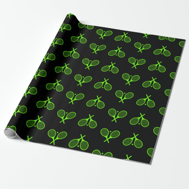 Fluorescent Neon Green Tennis Rackets Pattern  Wrapping Paper (Unrolled)