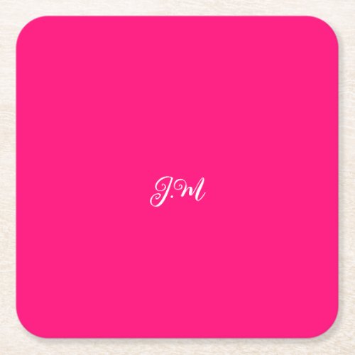 Fluorescent neon pink solid color initials name  square paper coaster