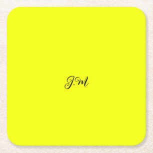 Fluorescent neon yellow solid color initials name square paper coaster