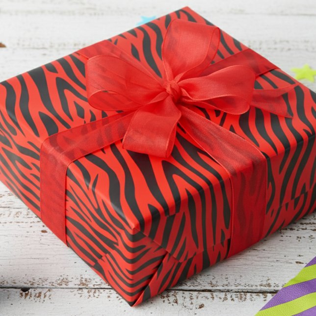 Fluorescent Red Small Zebra Print Wrapping Paper (Fun Fluorescent Red Wrapping Paper for Cool 80's Kids Party. Modern Zebra Animal Print Gift Wrap)