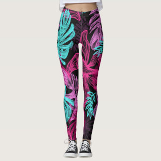 Fluorescent tropical palm leaves leggings