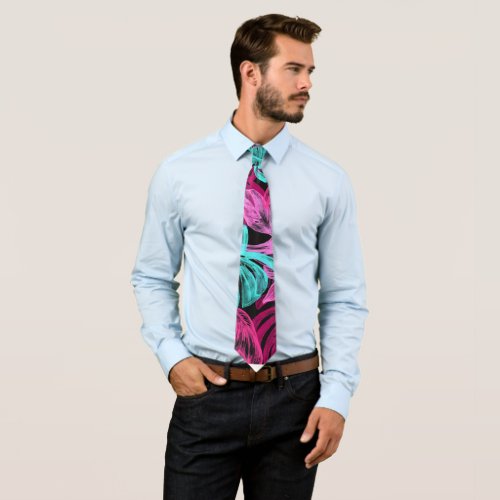 Fluorescent tropical palm leaves neck tie