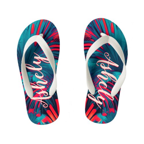 Fluorescent Tropical Watercolor Palm Leaves Name Kids Flip Flops