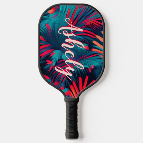 Fluorescent Tropical Watercolor Palm Leaves Name Pickleball Paddle