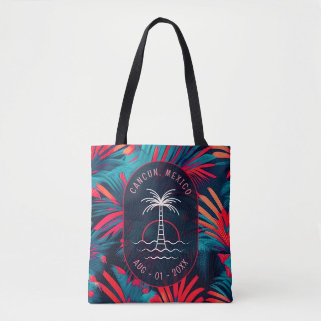 Fluorescent Tropical Watercolor Palm Leaves Name Tote Bag (Front)