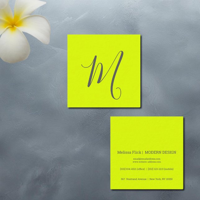 fluorescent yellow - chic monogram  square business card (Creator Uploaded)