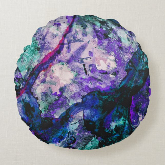 Fluorite Crystal Geode Marble Abstract Round Pillow (Front)