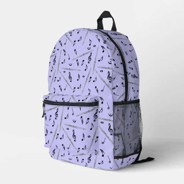 Flute Black Music Notes Printed Backpack (Back Corner Right)