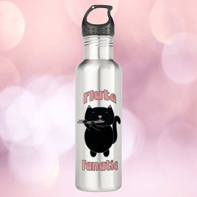 Flute Fanatic Black Cat Pink Stainless Steel Water Bottle (A water bottle with a cute black cat and the text flute fanatic in pink.)