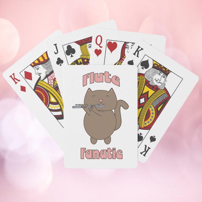 Flute Fanatic Cat Pink Cute Poker Cards (A deck of playing cards with a brown cat playing the flute with the words flute fanatic)
