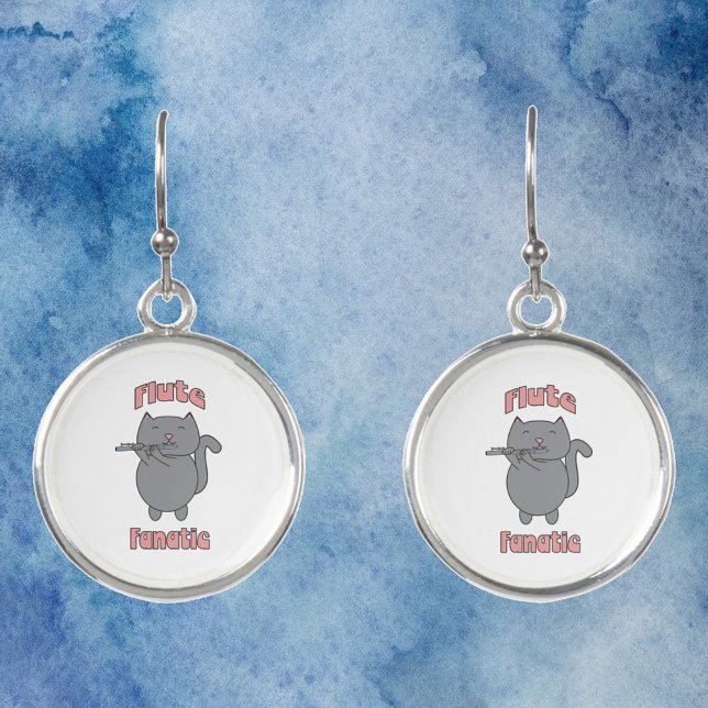 Flute Fanatic Cute Cat Earrings (A pair of earrings with the words flute fanatic and a gray cat playing the flute.)