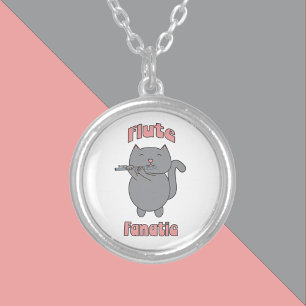 Flute Fanatic Cute Gray Cat Funny Silver Plated Necklace