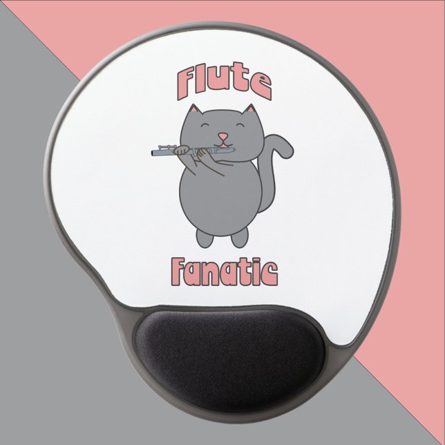 Flute Fanatic Cute Gray Cat Gel Mouse Pad (A mouse pad with a cute gray cat playing the flute and the words Flute Fanatic in pink.)