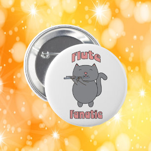 Flute Fanatic Cute Gray Cat Pink Button