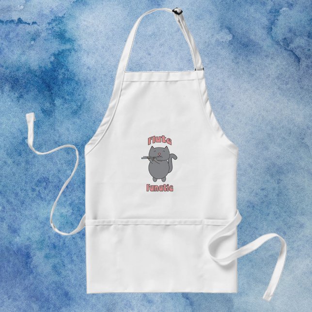 Flute Fanatic Flutist Gray Cat Adult Apron (An apron with a flute playing gray cat and the words flute fanatic in pink.)