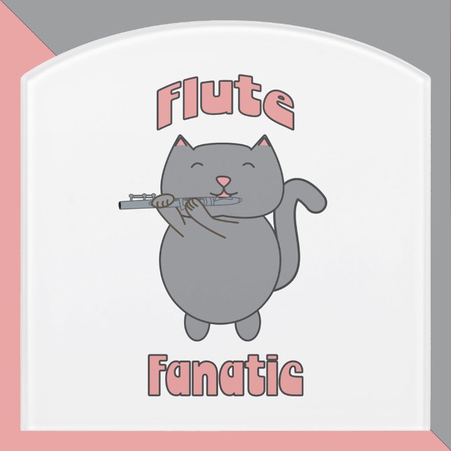 Flute Fanatic Funny Gray Cat Door Sign (A door sign featuring a gray flute playing cat and the text flute fanatic.)