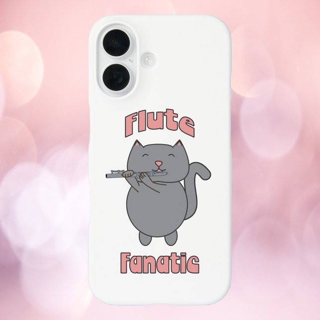 Flute Fanatic Gray Cat Pink Case-Mate iPhone Case (A phone case with a cute gray cat playing the flute & the words flute fanatic in pink.)