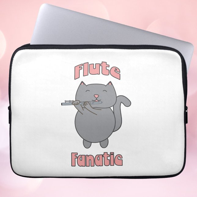 Flute Fanatic Gray Cat Pink Laptop Sleeve (A laptop sleeve with a cute flute playing gray cat and the words flute fanatic in pink.)