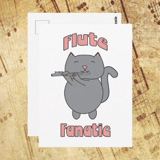 Flute Fanatic Gray Cat Pink  Postcard