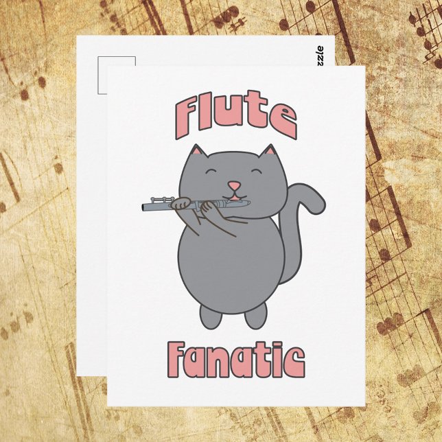 Flute Fanatic Gray Cat Pink  Postcard (A postcard featuring a gray cat playing the flute with the words Flute Fanatic in pink.)
