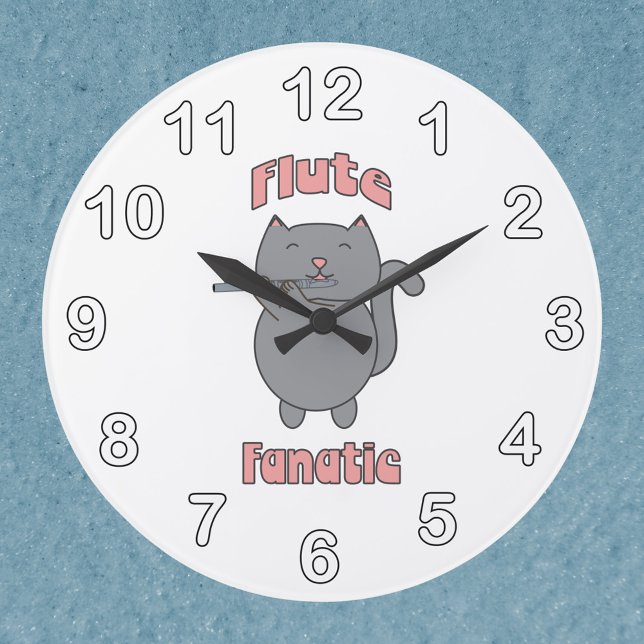 Flute Fanatic Music Gray Cat Large Clock (A clock featuring a flute playing gray cat and the words Flute Fanatic in pink.)