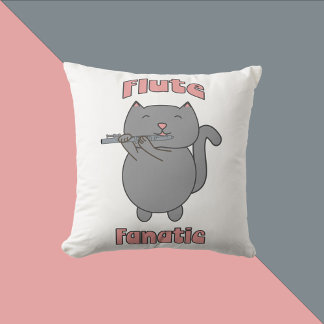 Flute Fanatic Musical Flute Cat Pink Throw Pillow
