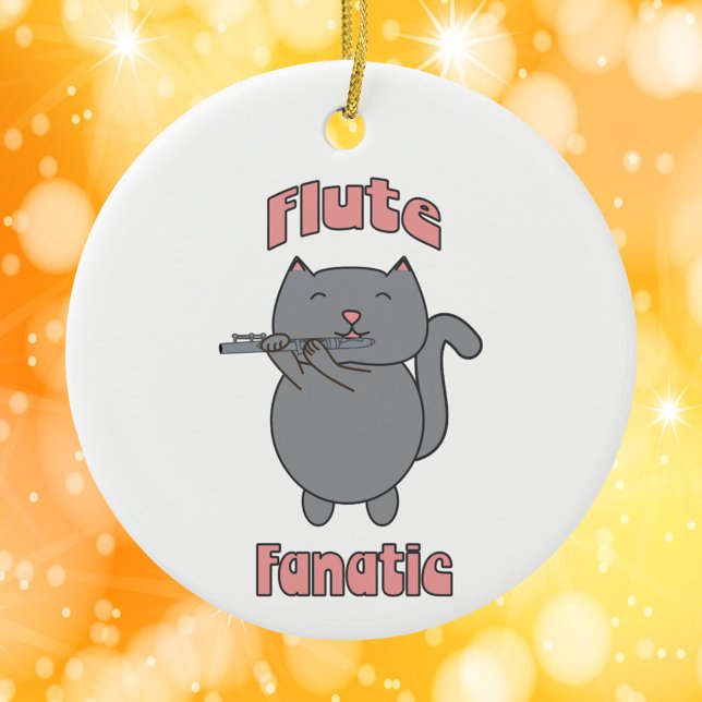 Flute Fanatic Musical Gray Cat Pink Ceramic Ornament (An ornament featuring a gray cat playing the flute and the words flute fanatic in pink.)