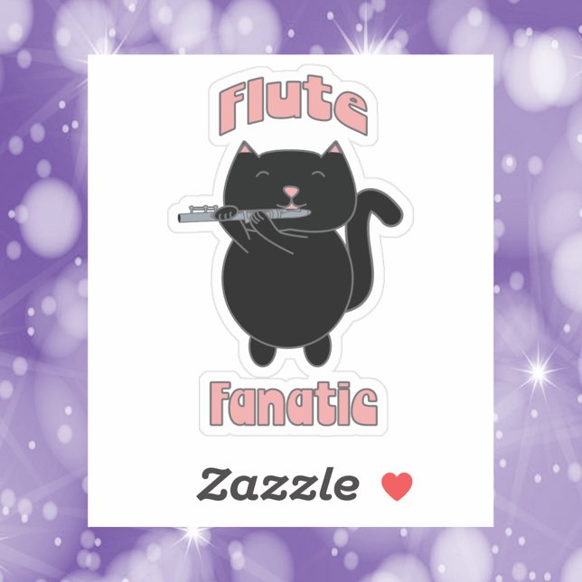 Flute Fanatic Pink Black Cat Cute Sticker (A sticker of a black flute playing cat with the words Flute Fanatic.)