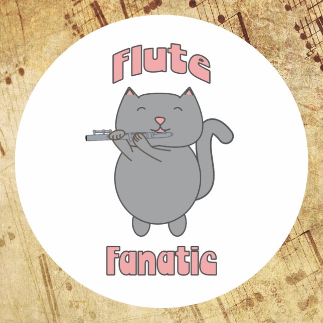 Flute Fanatic Pink Gray Cat Classic Round Sticker (A sticker featuring a gray cat playing the flute & the words flute fanatic in pink.)