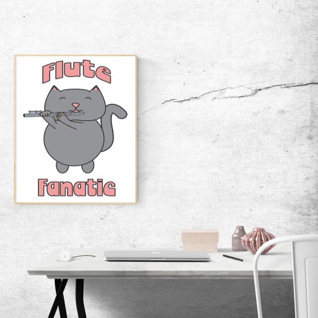 Flute Fanatic Pink Gray Cat Funny Poster (A poster featuring a gray cat playing the flute and the words Flute Fanatic in pink)