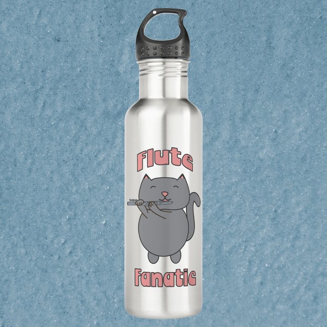 Flute Fanatic Pink Gray Cat Stainless Steel Water Bottle (A water bottle with a gray cat playing the flute with the words flute fanatic.)