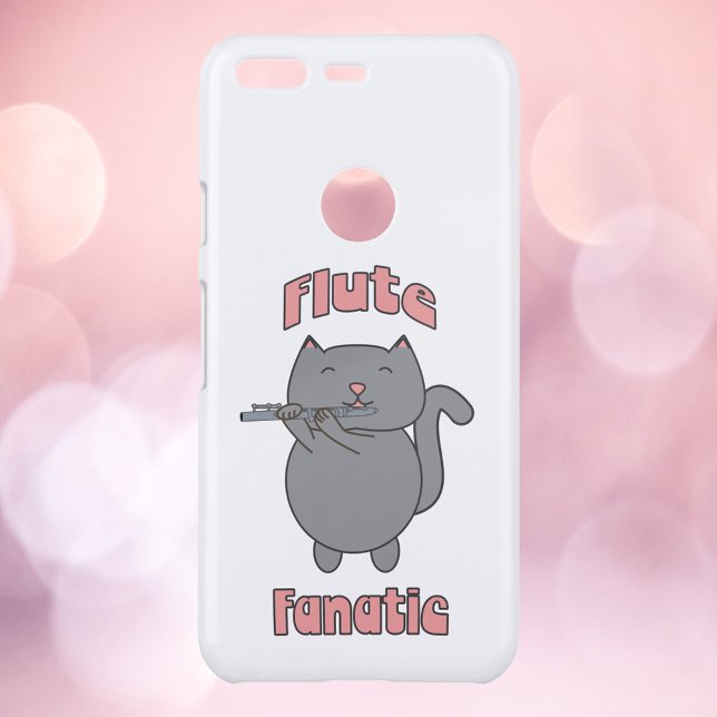 Flute Fanatic Pink Gray Cat Uncommon Google Pixel Case (A cute phone case with a gray cat playing the flute with the words Flute Fanatic.)