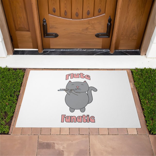 Flute Fanatic Pink Gray Cute Cat Doormat (Outdoor)