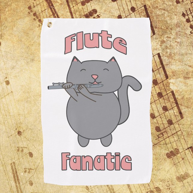 Flute Fantic Musical Gray Cat Pink Golf Towel (A golf towel featuring a gray cat playing the flute with the words flute fanatic in pink.)