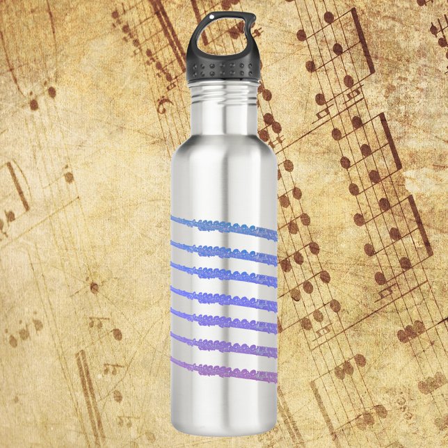 Flute Music Blue Pink Purple Stainless Steel Water Bottle (A water bottle with pink, blue and purple flutes.)
