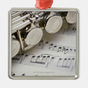 Flute on Sheet Music Metal Ornament
