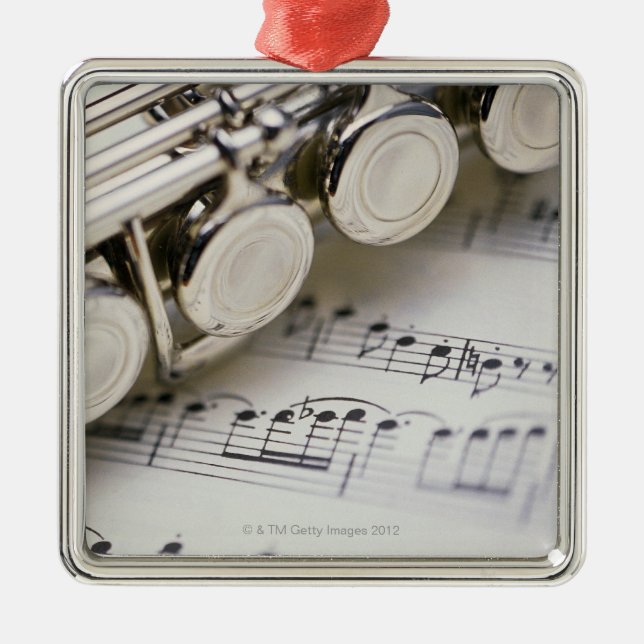 Flute on Sheet Music Metal Ornament (Front)