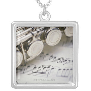 Flute on Sheet Music Silver Plated Necklace
