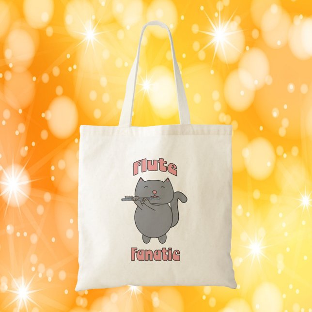 Flute-Playing Gray Cat – Funny Musician Gift  Tote Bag (A tote bag with a cute flute playing gray cat and the words Flute Fanatic in pink.)